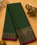 Elegant Olive Narayanpet Plain Silk Cotton Saree with Big Woven Zari Border