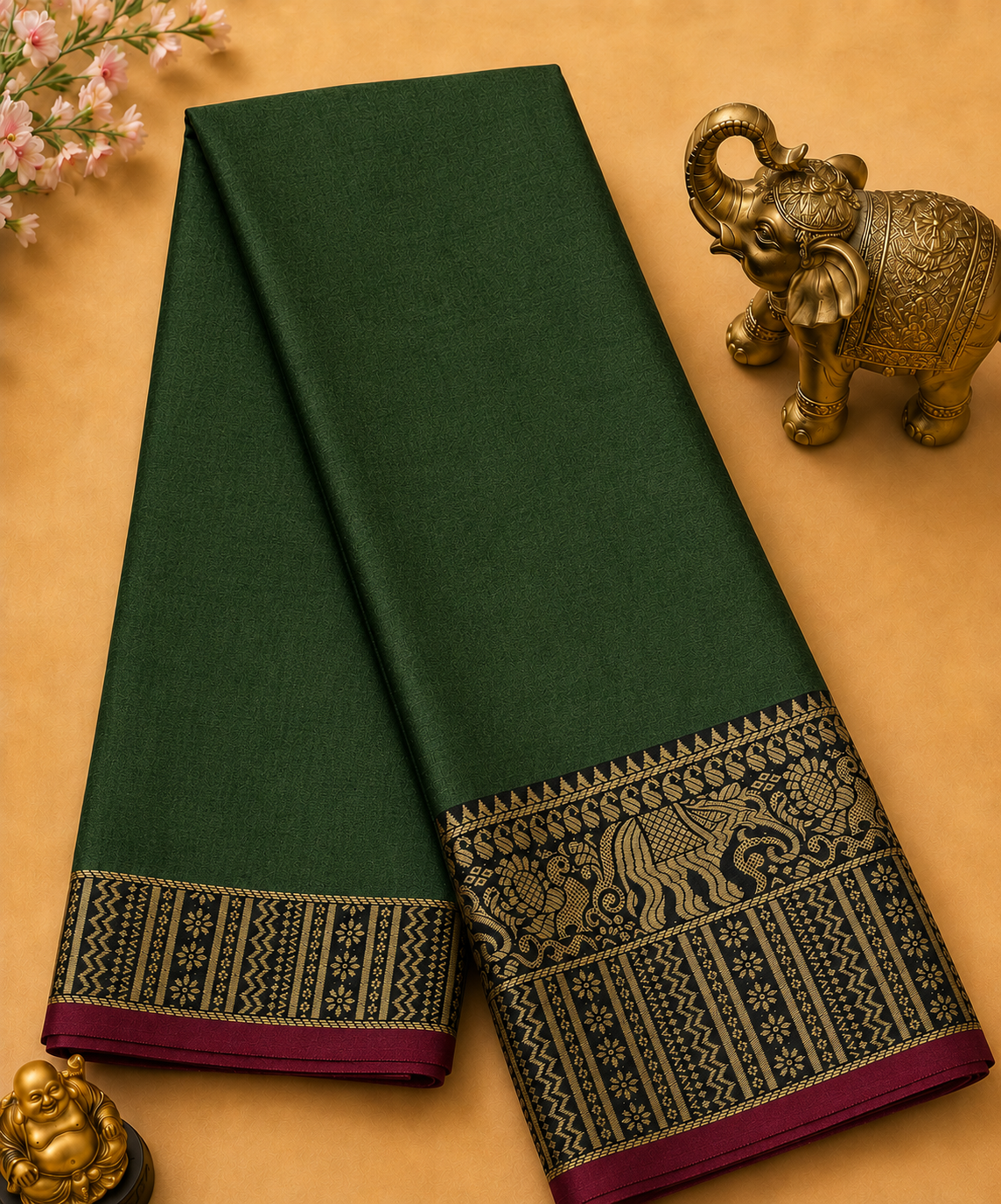 Elegant Olive Narayanpet Plain Silk Cotton Saree with Big Woven Zari Border