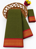 Elegant Olive Green Mangalagiri Checks Cotton Saree with Zari Border - MG043