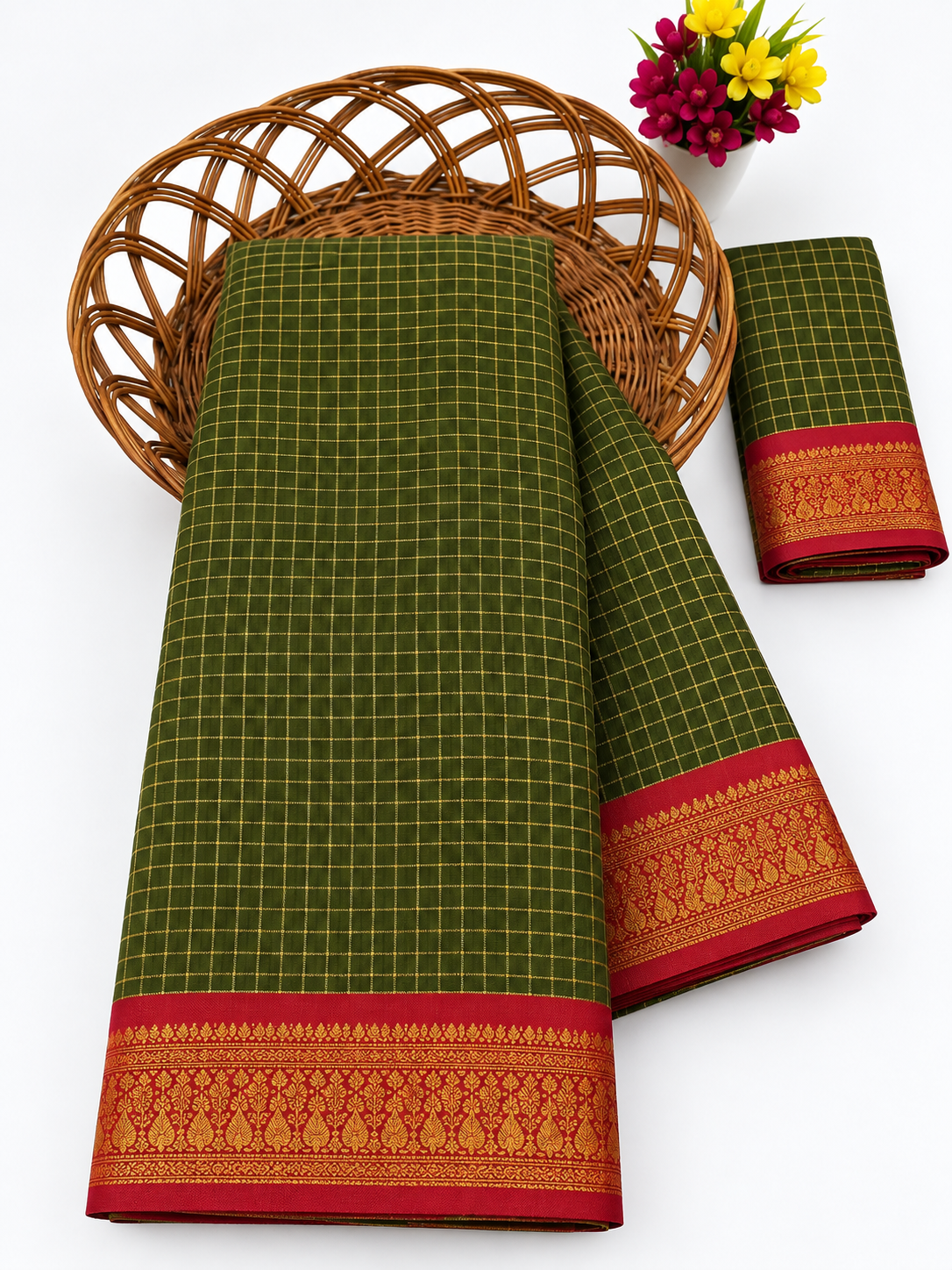 Elegant Olive Green Mangalagiri Checks Cotton Saree with Zari Border - MG043