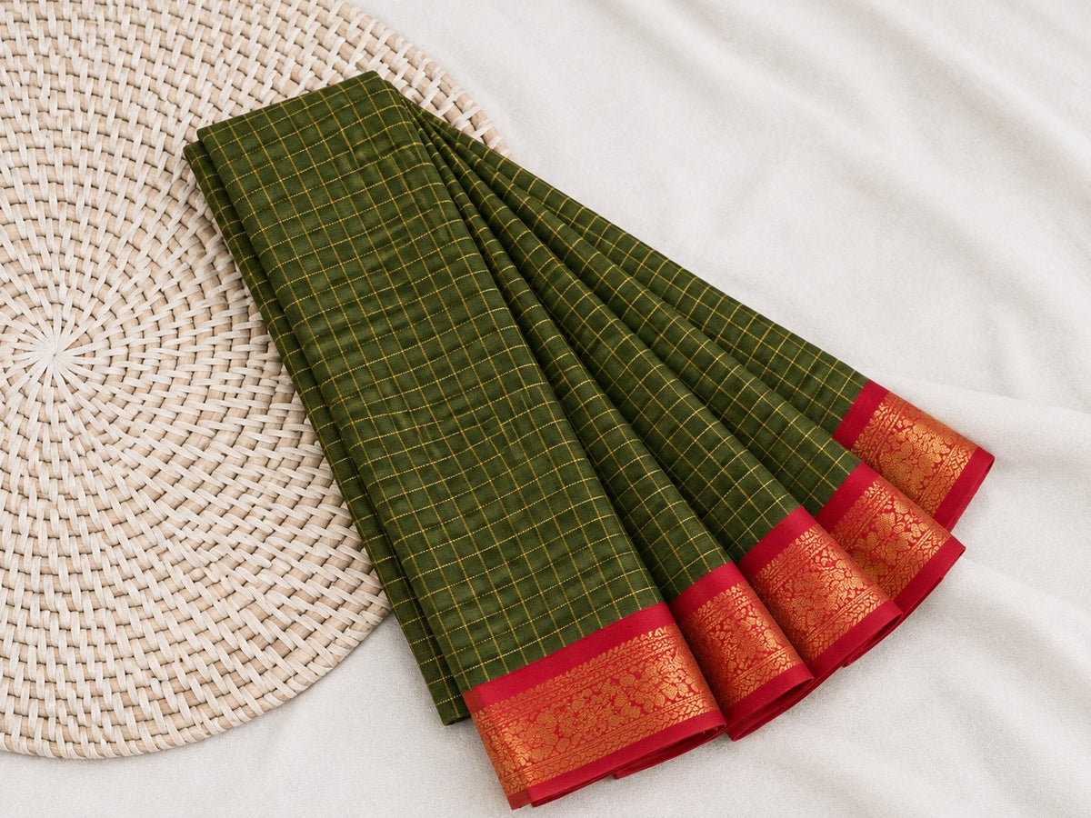 Elegant Olive Green Mangalagiri Checks Cotton Saree with Zari Border - MG043