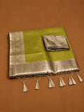 Premium Olive Green Soft Tissue Silk Saree with Antique Gold Zari Floral Border - TS046