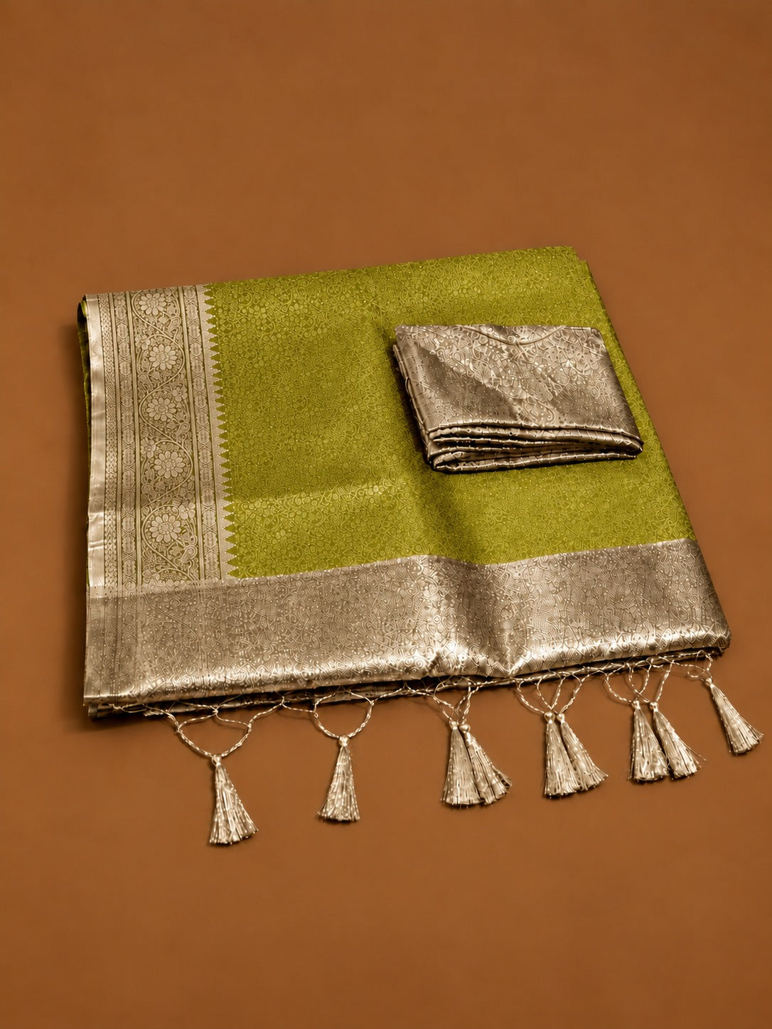 Premium Olive Green Soft Tissue Silk Saree with Antique Gold Zari Floral Border - TS046