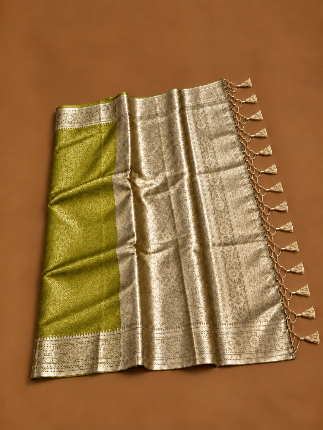 Premium Olive Green Soft Tissue Silk Saree with Antique Gold Zari Floral Border - TS046