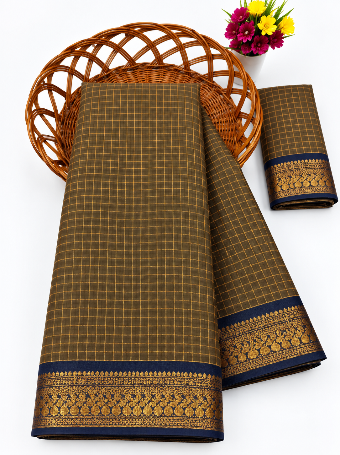 Elegant Olive Khaki Mangalagiri Checks Cotton Saree with Zari Border - MG043