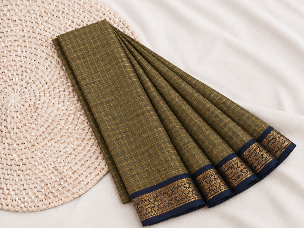 Elegant Olive Khaki Mangalagiri Checks Cotton Saree with Zari Border - MG043