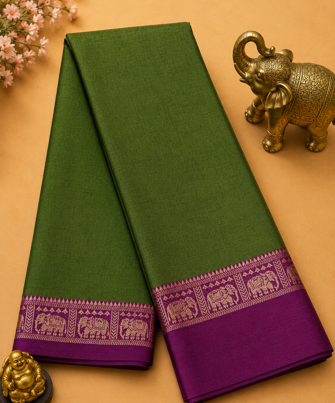 Elegant Olive Narayanpet Plain Silk Cotton Saree with Small Woven Zari Border