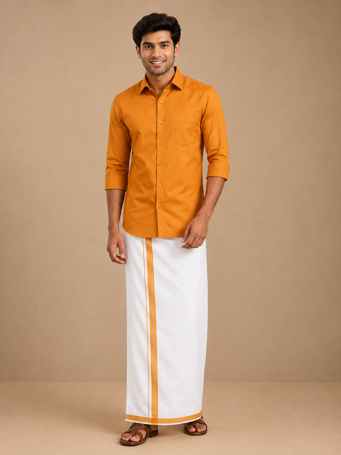 Men's Orange Cotton Dhoti with Matching Colour Shirt Set - MMS028