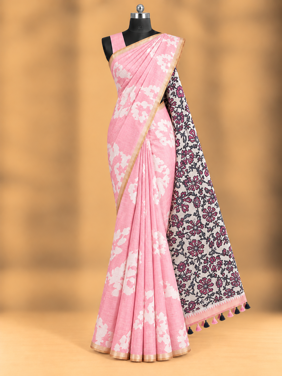 Premium linen metallic cotton saree featuring an intricate geometric medallion pattern.
