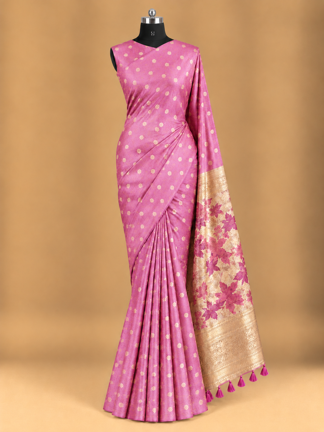 Elegante Orchideen-Pink Gold Zari Butta Saree aus reiner Tussar-Seide - TS083