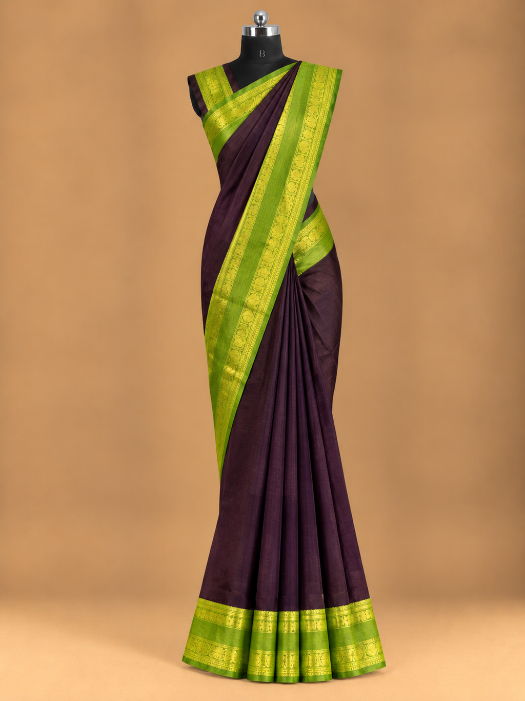 Beautiful Deep Purple Kanchi Style Retta Betta Green Border Cotton Saree - DP075