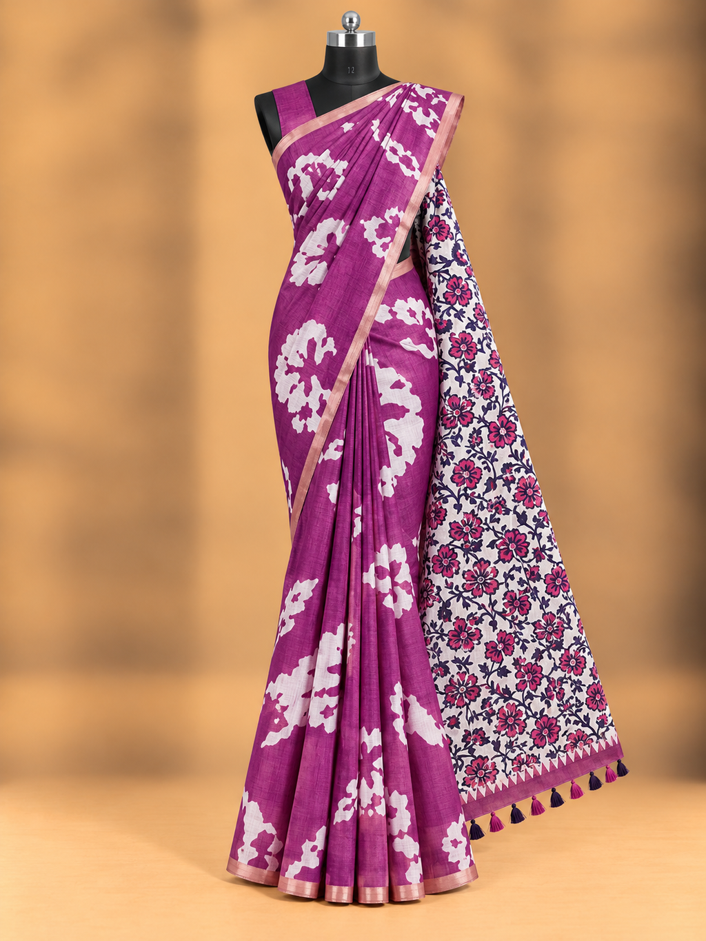 Premium linen metallic cotton saree featuring an intricate geometric medallion pattern.