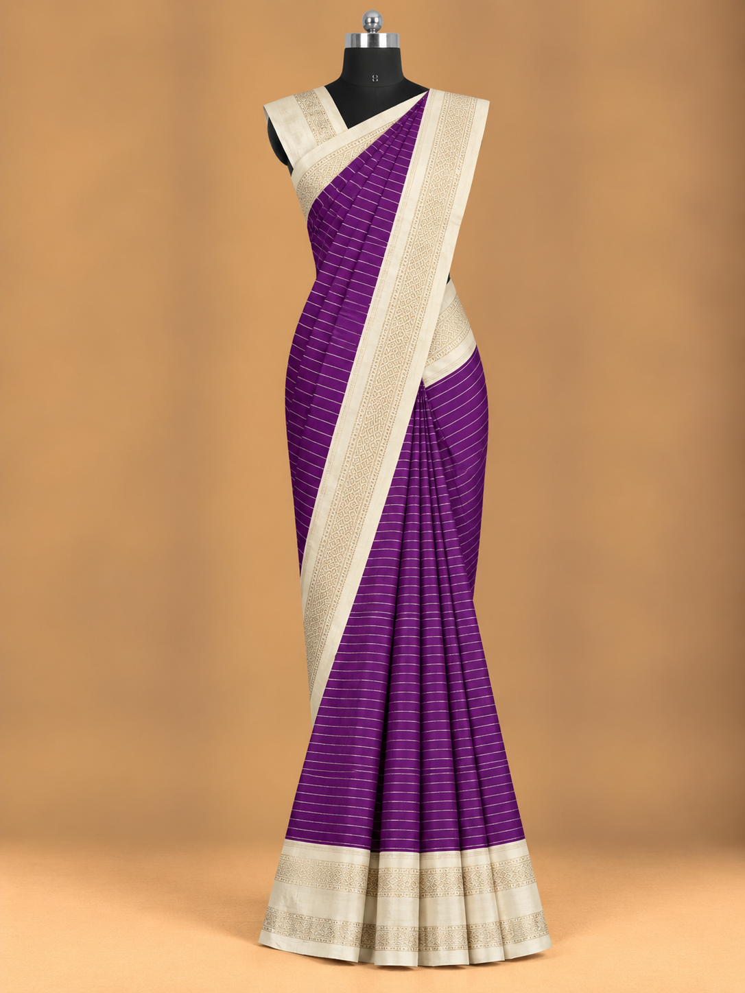 Eleganter, warmer lila Luxus-Seidensari mit Zari-Streifen - WS073