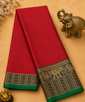 Elegant Red Narayanpet Plain Silk Cotton Saree with Big Woven Zari Border