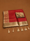 Premium Red Soft Tissue Silk Saree with Antique Gold Zari Floral Border - TS046