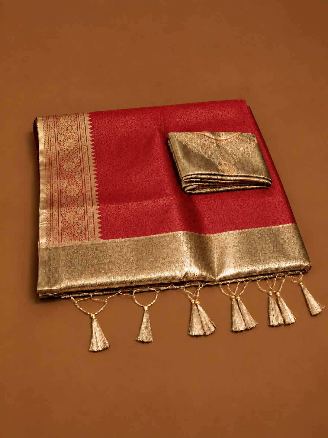 Premium Red Soft Tissue Silk Saree with Antique Gold Zari Floral Border - TS046