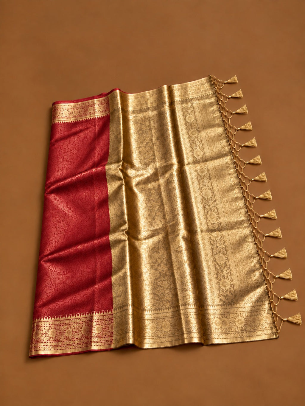 Premium Red Soft Tissue Silk Saree with Antique Gold Zari Floral Border - TS046