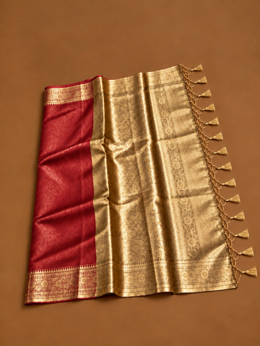 Premium Red Soft Tissue Silk Saree with Antique Gold Zari Floral Border - TS046