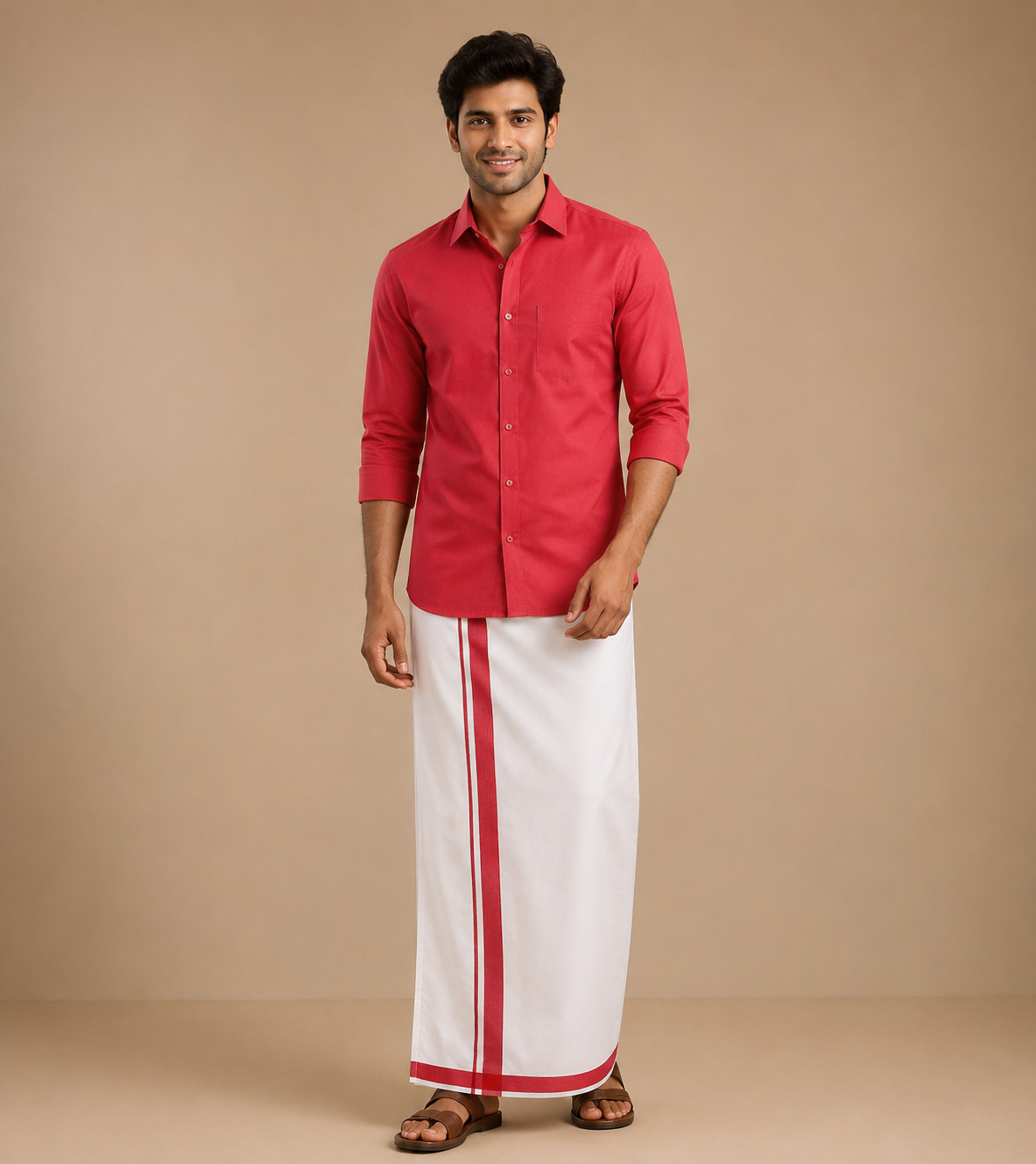 Men's Red Cotton Dhoti with Matching Colour Shirt Set - MMS028