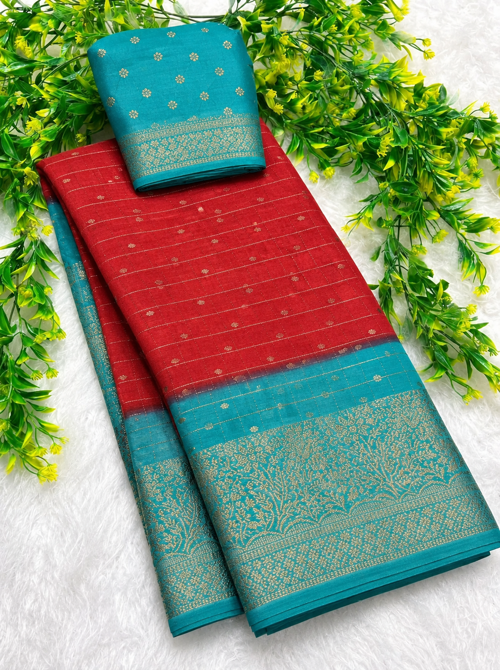 Elegant Red & Sky Blue Crimson Elegance Zari Fancy Viscose Saree  - MS068