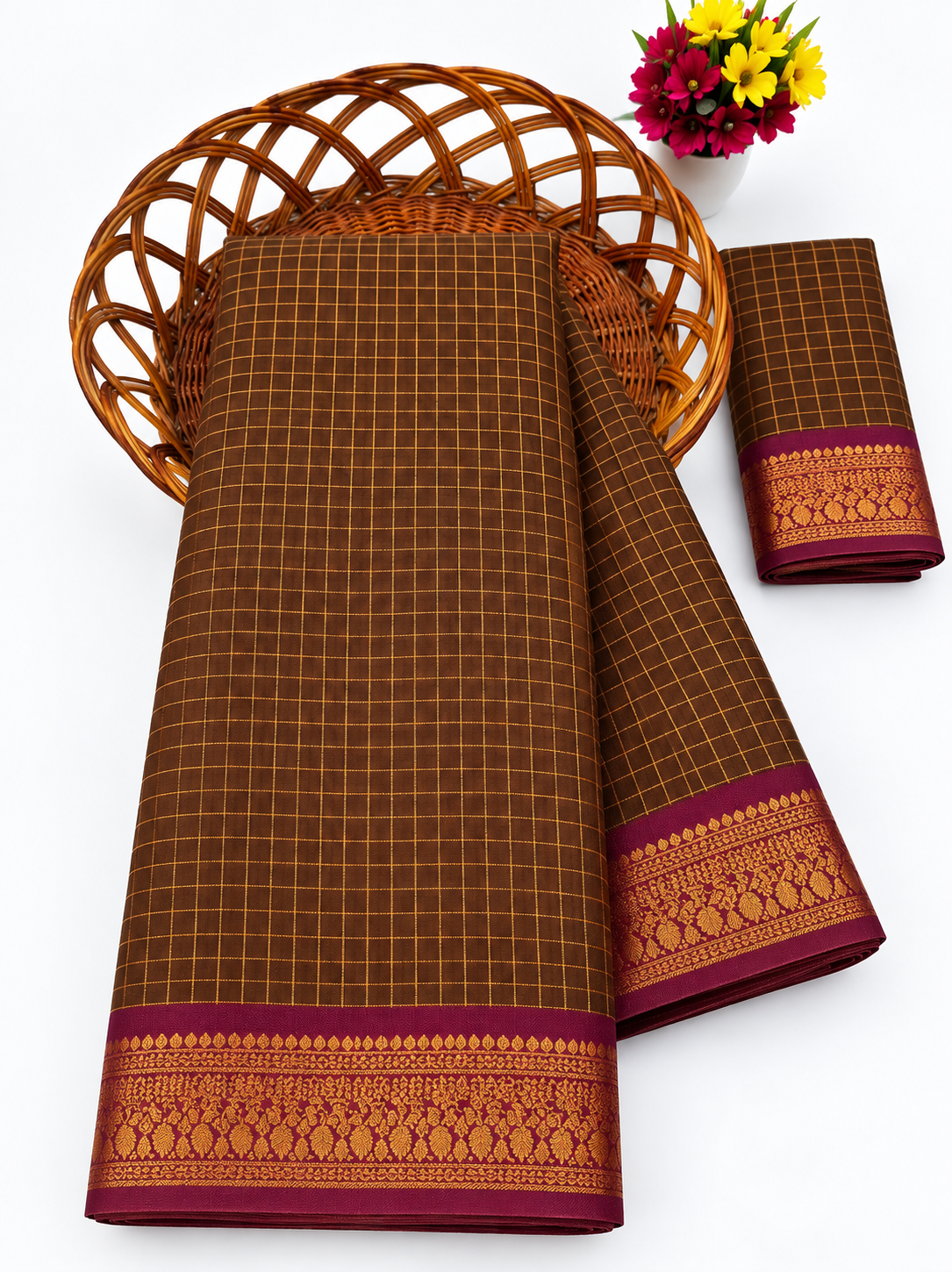 Elegant Rust Copper Mangalagiri Checks Cotton Saree with Zari Border - MG043