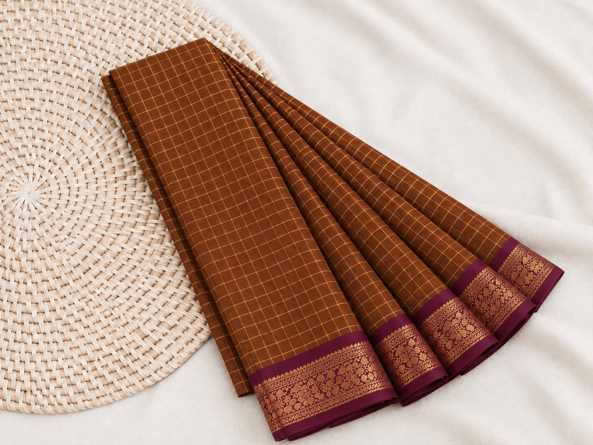 Elegant Rust Copper Mangalagiri Checks Cotton Saree with Zari Border - MG043
