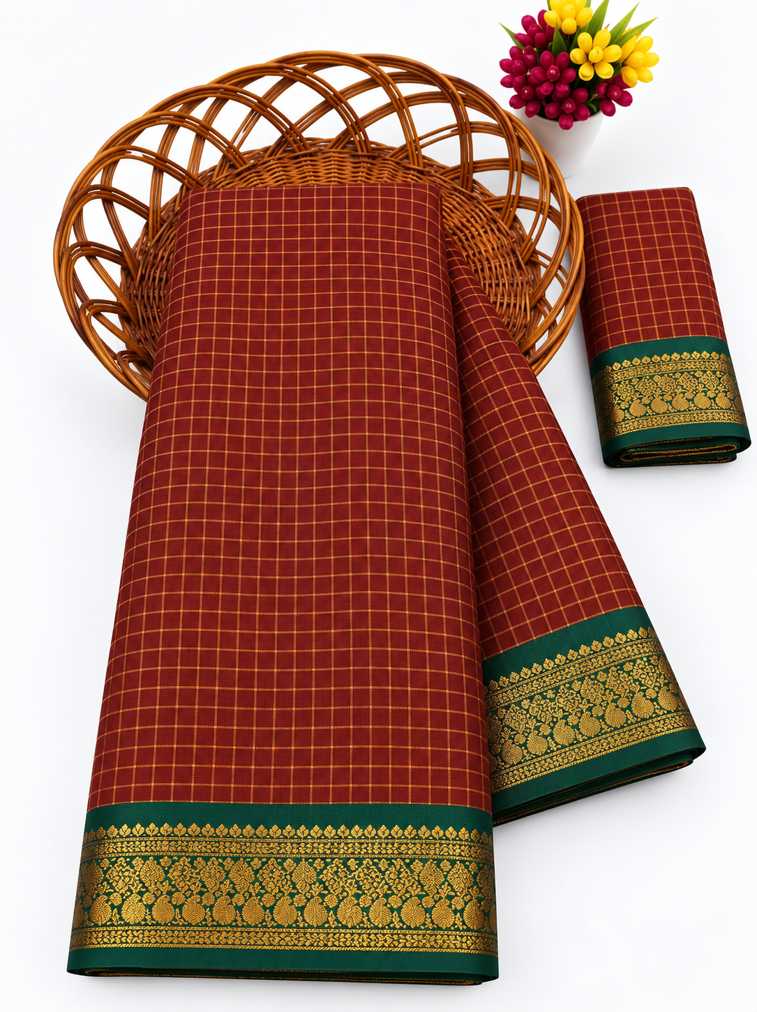 Elegant Rust Red Mangalagiri Checks Cotton Saree with Zari Border - MG043