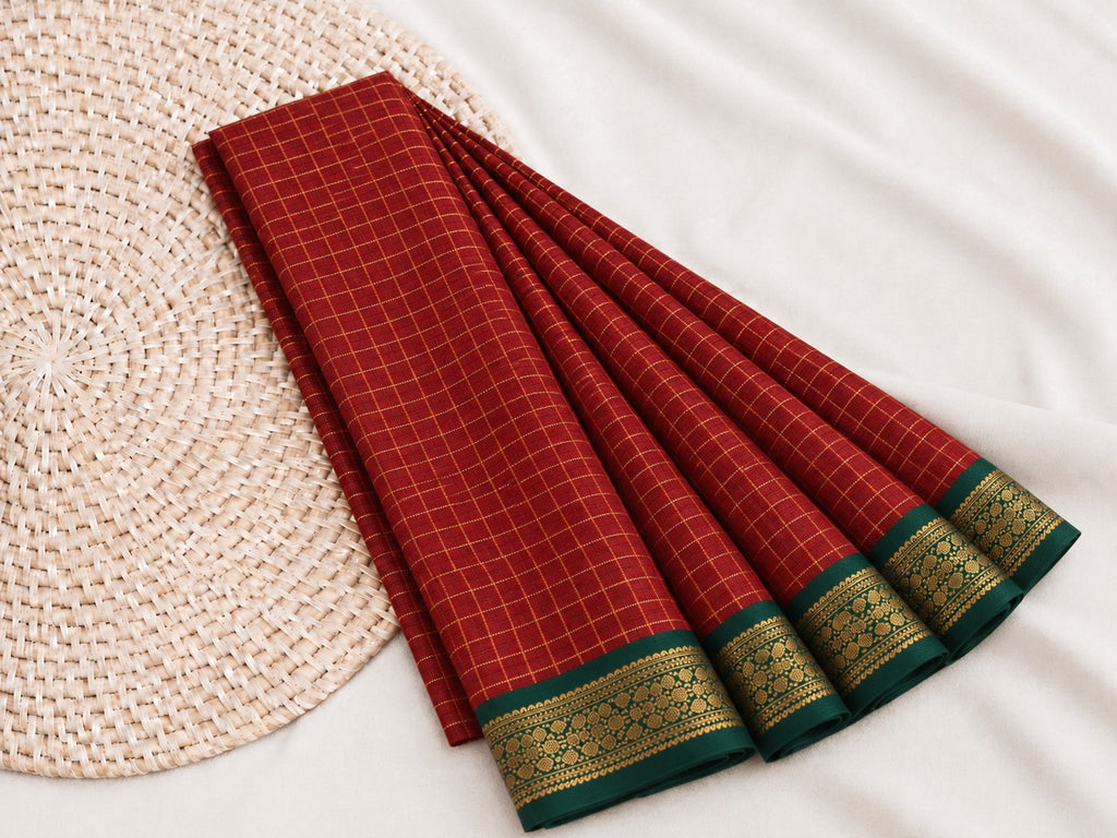Elegant Rust Red Mangalagiri Checks Cotton Saree with Zari Border - MG043