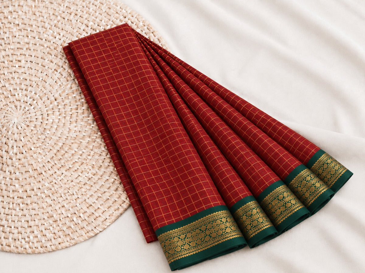 Elegant Rust Red Mangalagiri Checks Cotton Saree with Zari Border - MG043