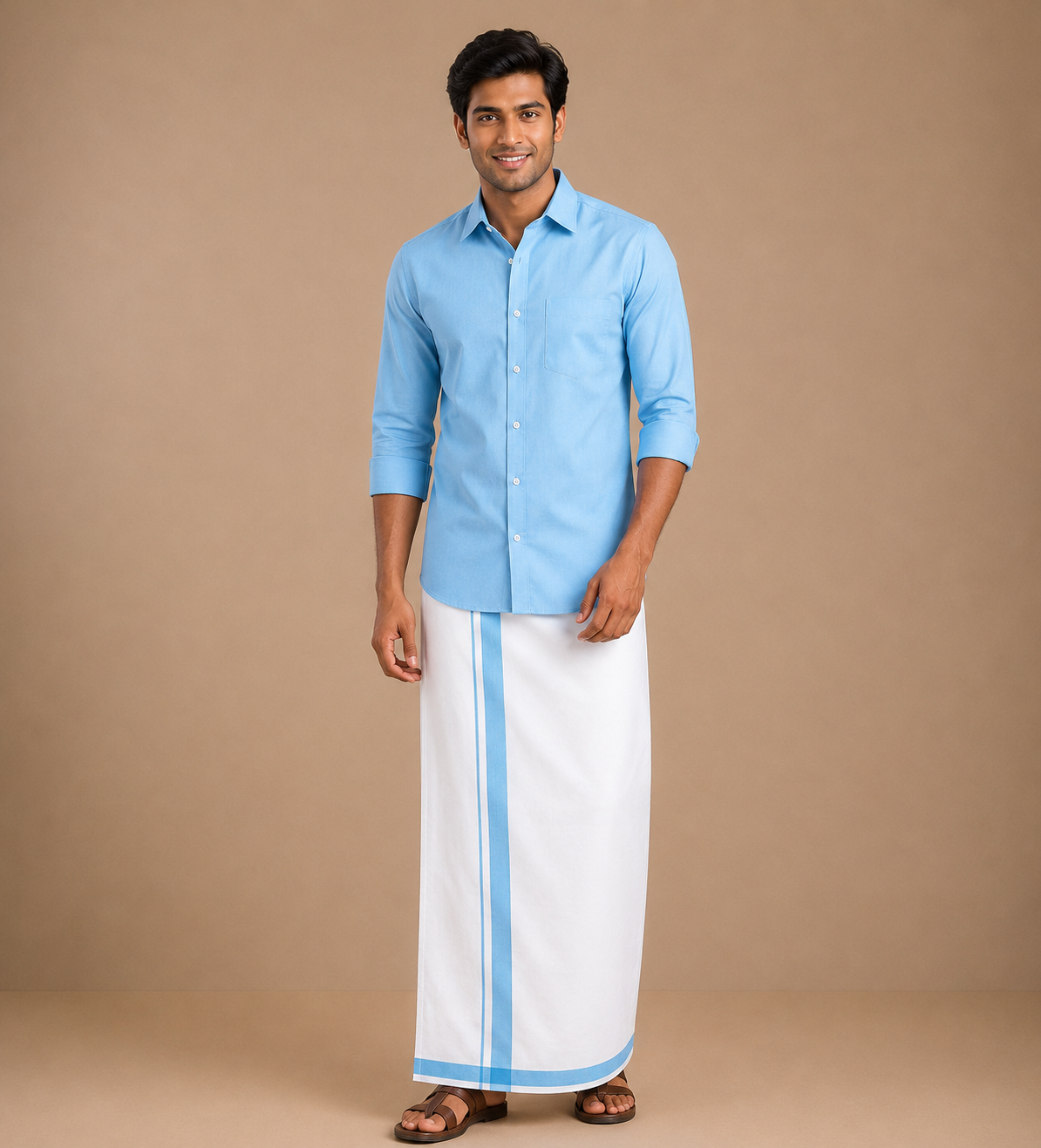 Men's Sky Blue Cotton Dhoti with Matching Colour Shirt Set - MMS028