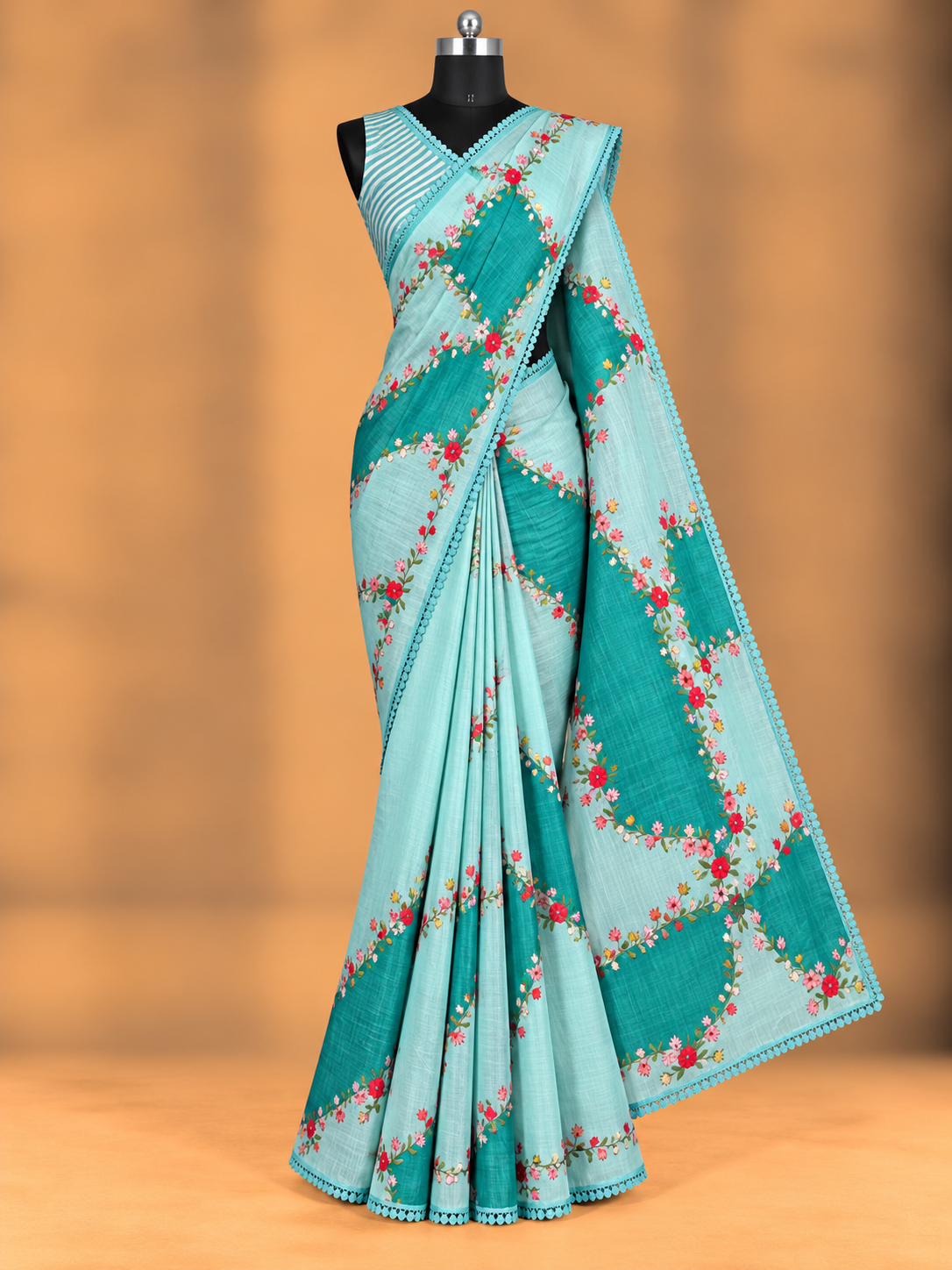 Sand Beige With Orangish Yellow - Anjali - Soft Tissue Linen Saree With Floral Print & Lace Border