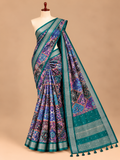 Elegant Teal & Purple Kalamkari Print with Mirror Semi Tussar Silkworm Saree - SG063