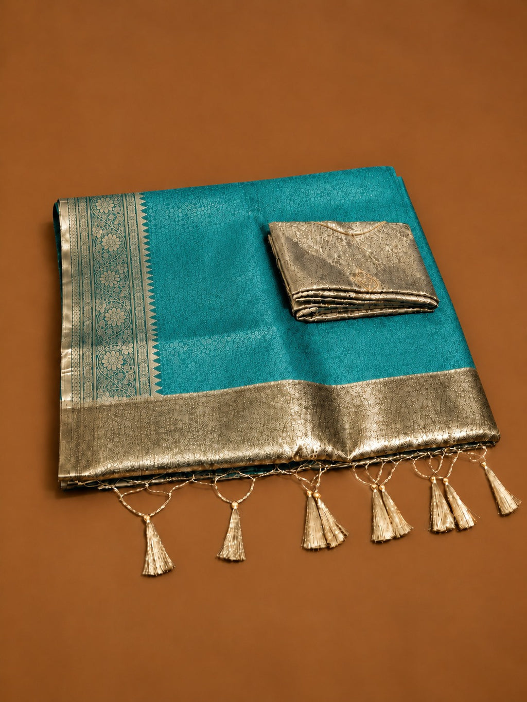 Premium Teal Soft Tissue Silk Saree with Antique Gold Zari Floral Border - TS046