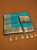 Premium Teal Soft Tissue Silk Saree with Antique Gold Zari Floral Border - TS046