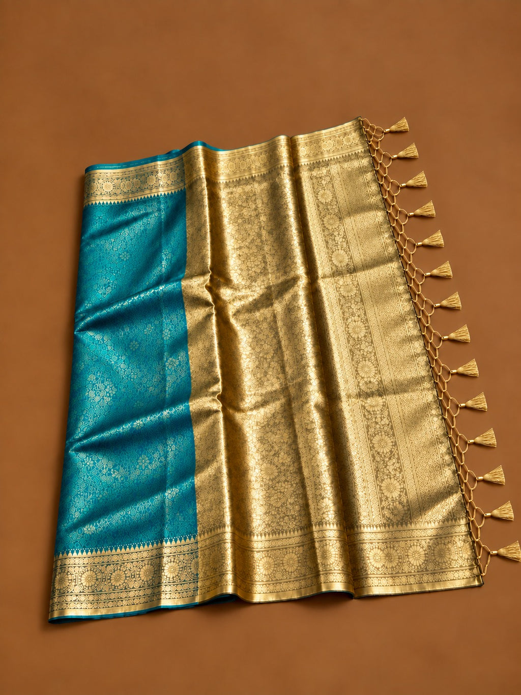 Premium Teal Soft Tissue Silk Saree with Antique Gold Zari Floral Border - TS046