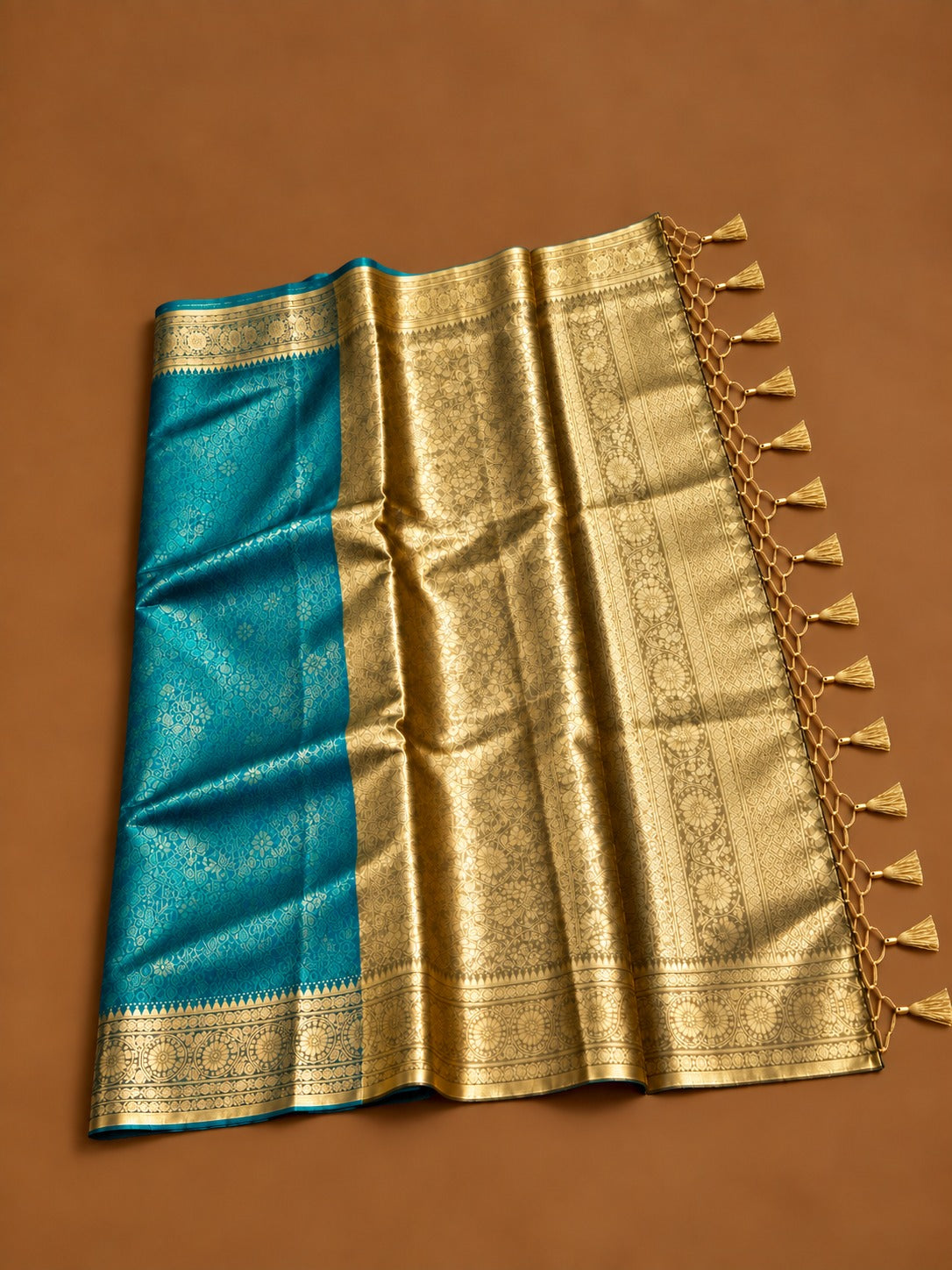 Premium Teal Soft Tissue Silk Saree with Antique Gold Zari Floral Border - TS046