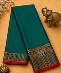 Elegant Teal Narayanpet Plain Silk Cotton Saree with Big Woven Zari Border