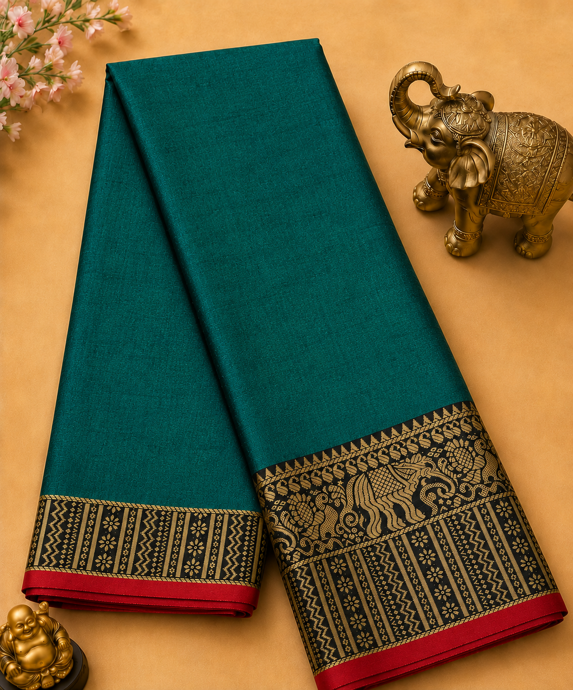 Elegant Teal Narayanpet Plain Silk Cotton Saree with Big Woven Zari Border