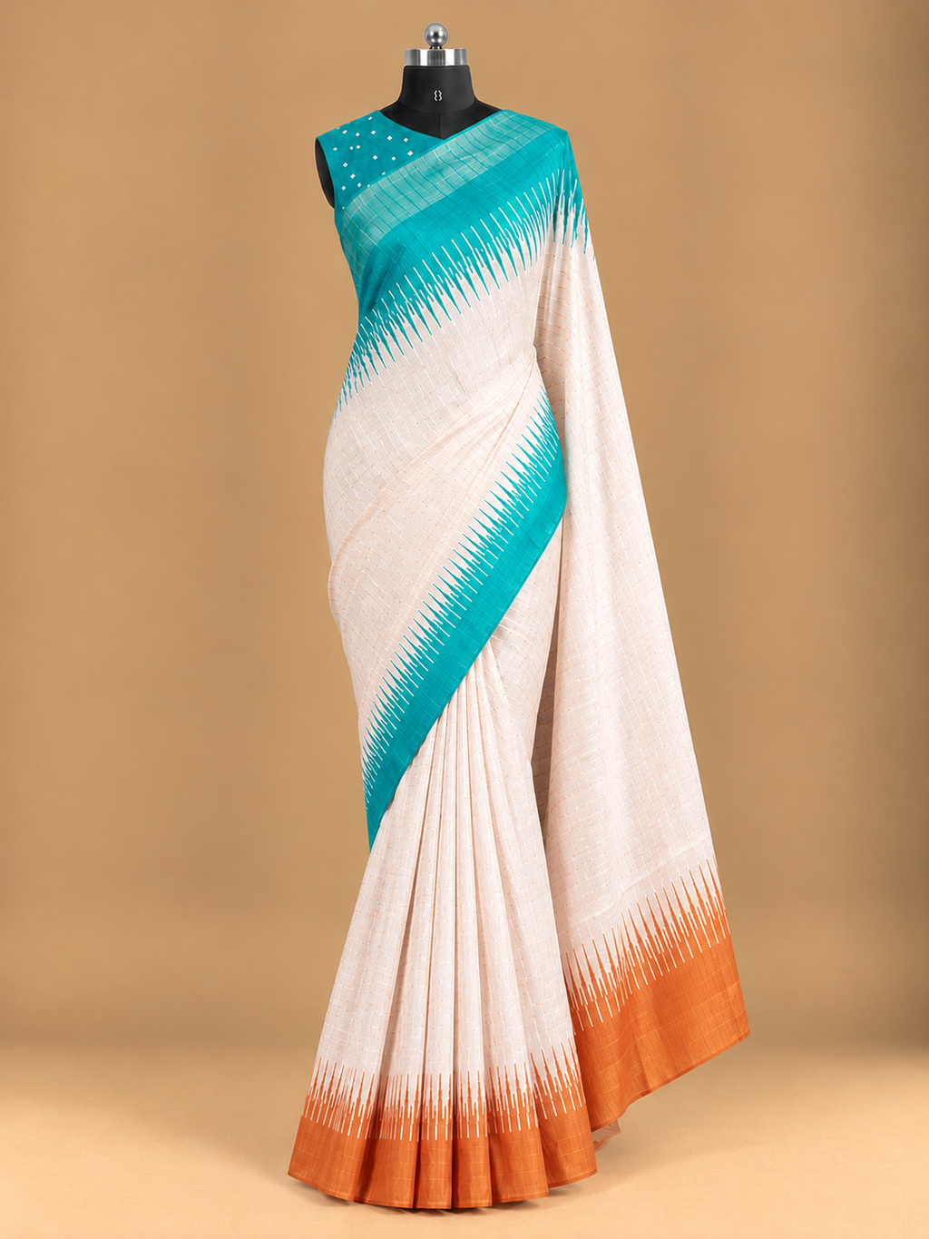 Elegant Teal & Orange Semi Tussar Soft Silkworm Saree - SS061