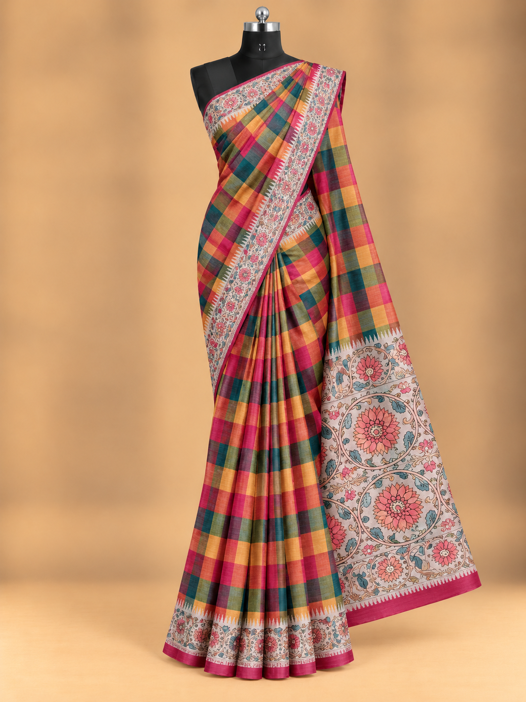 Tussar-Seidensari mit Kalamkari-Design und Karomuster