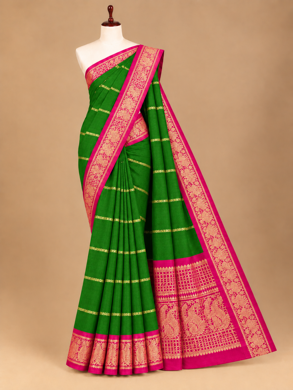 Elegant Green Stripe with Velthari Pattern Sungudi Cotton Saree - SC065