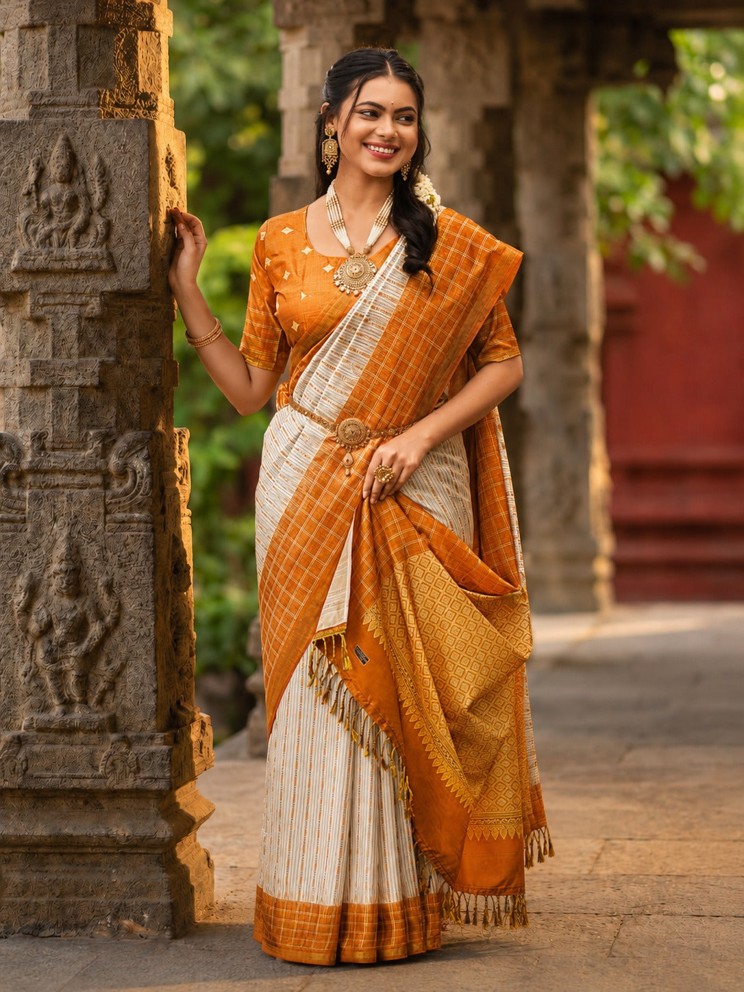 Elegant White Checked Semi Tussar Silk Saree with Contrast Border