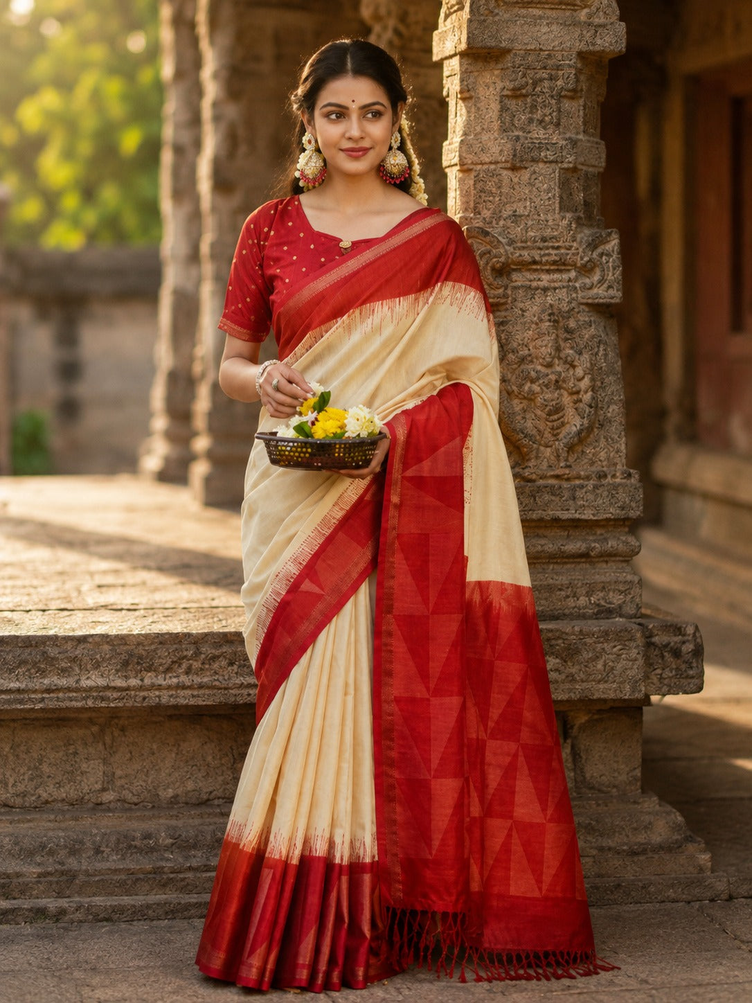Elegant Cream Semi Tussar Silk Saree with Contrast Border