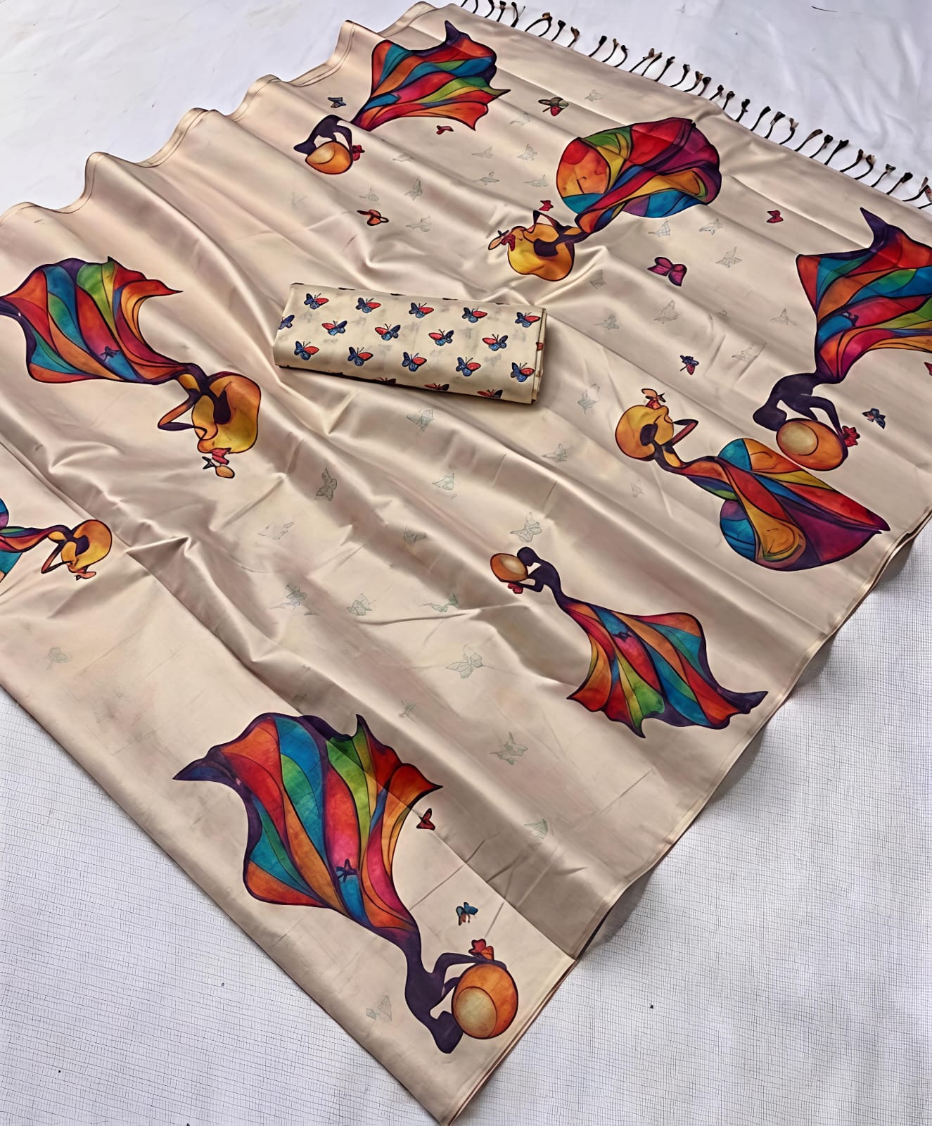 Premium Cream Digital Prints Rainbow Silhouette Dancer Soft Tissue Saree - KT034