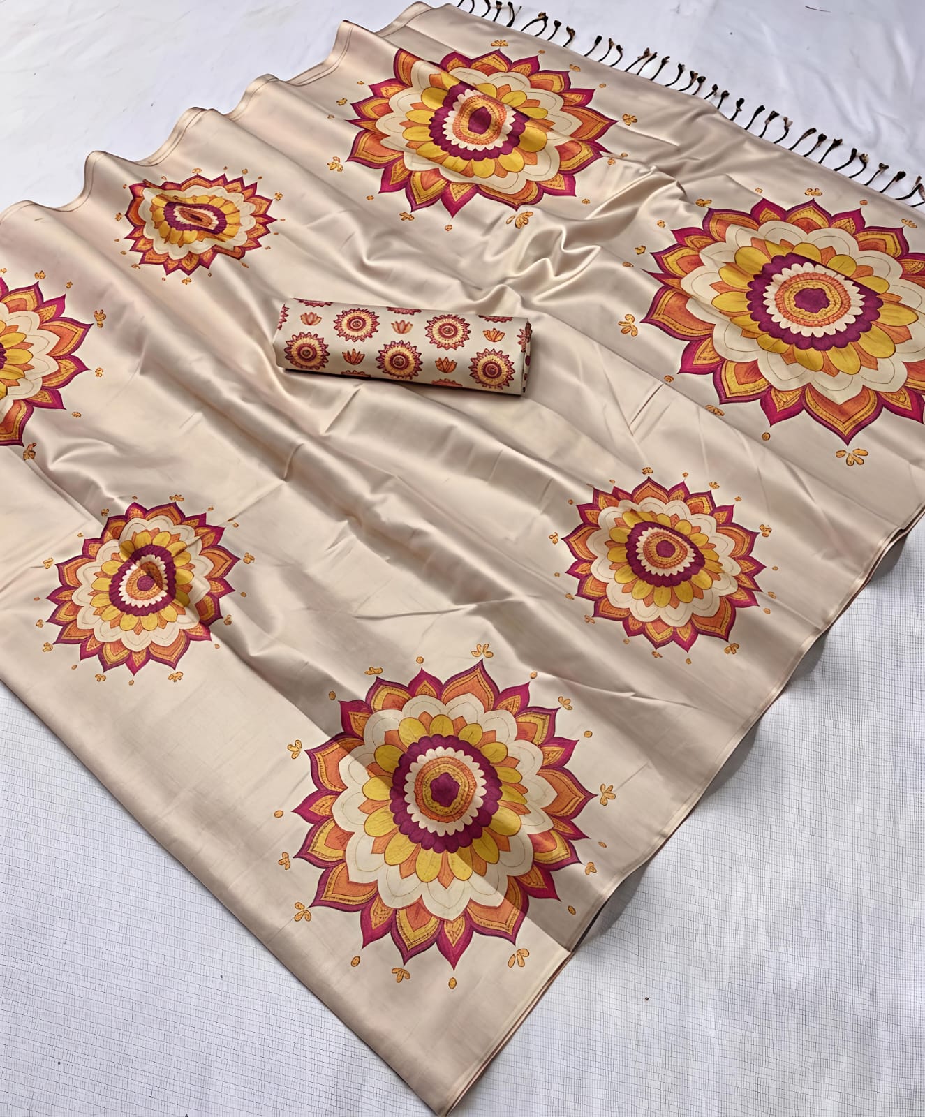 Premium Cream Digital Prints Mandala Lotus Floral Soft Tissue Saree - KT034