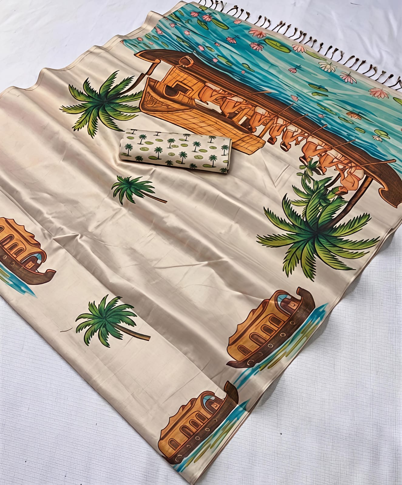 Premium Cream Digital Prints Kerala Houseboat Soft Tissue Saree - KT034