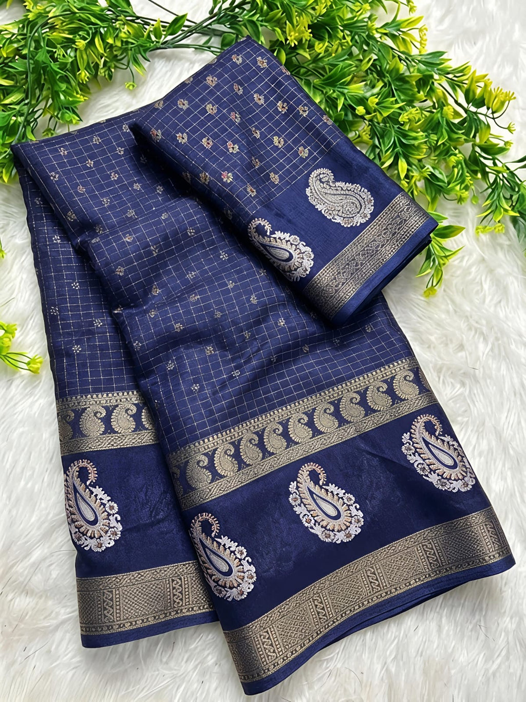 Redolent Navy Blue Viscose Georgette Small Checks Fancy Saree - MC032