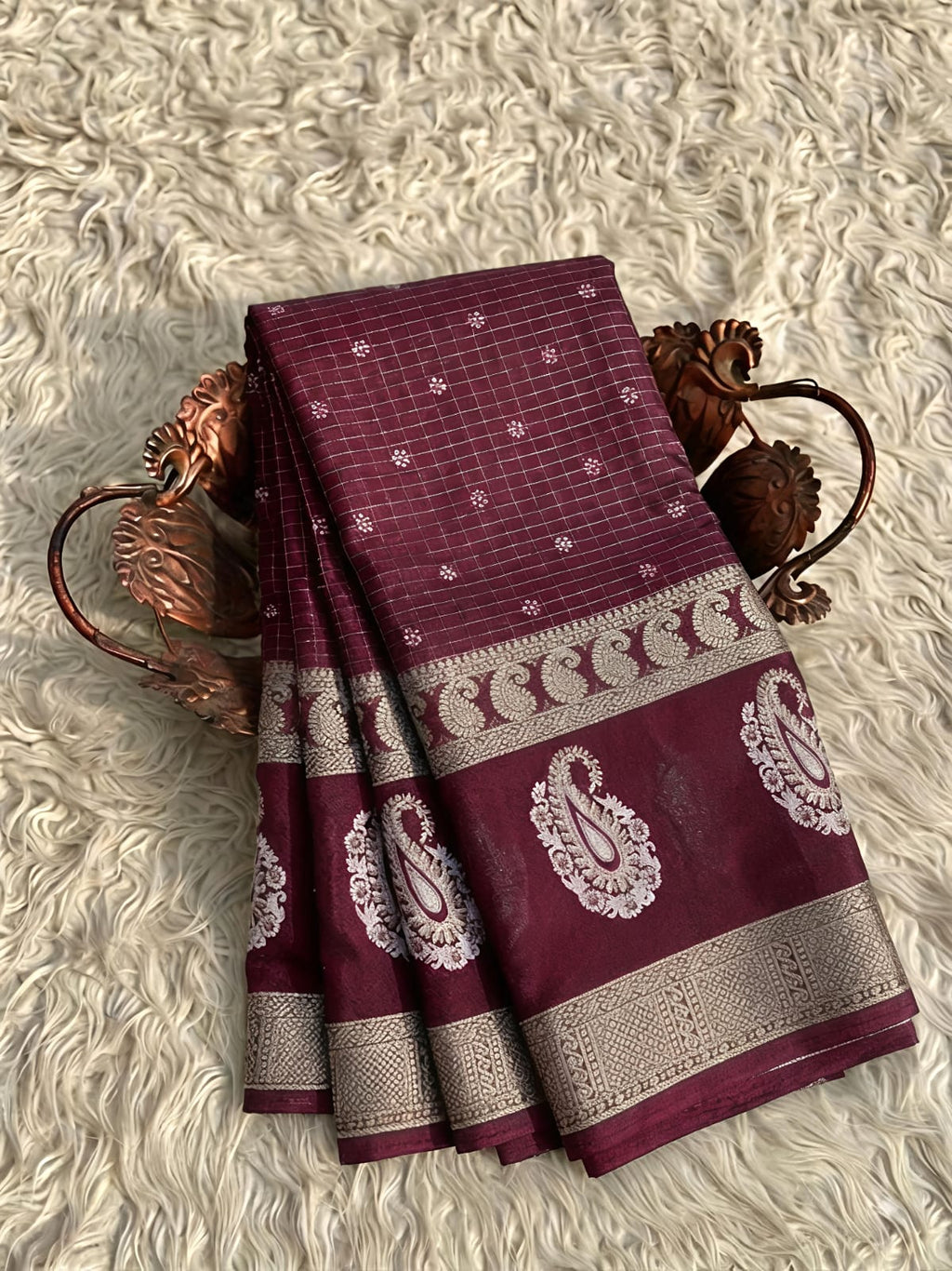 Redolent Deep Maroon Viscose Georgette Small Checks Fancy Saree - MC032