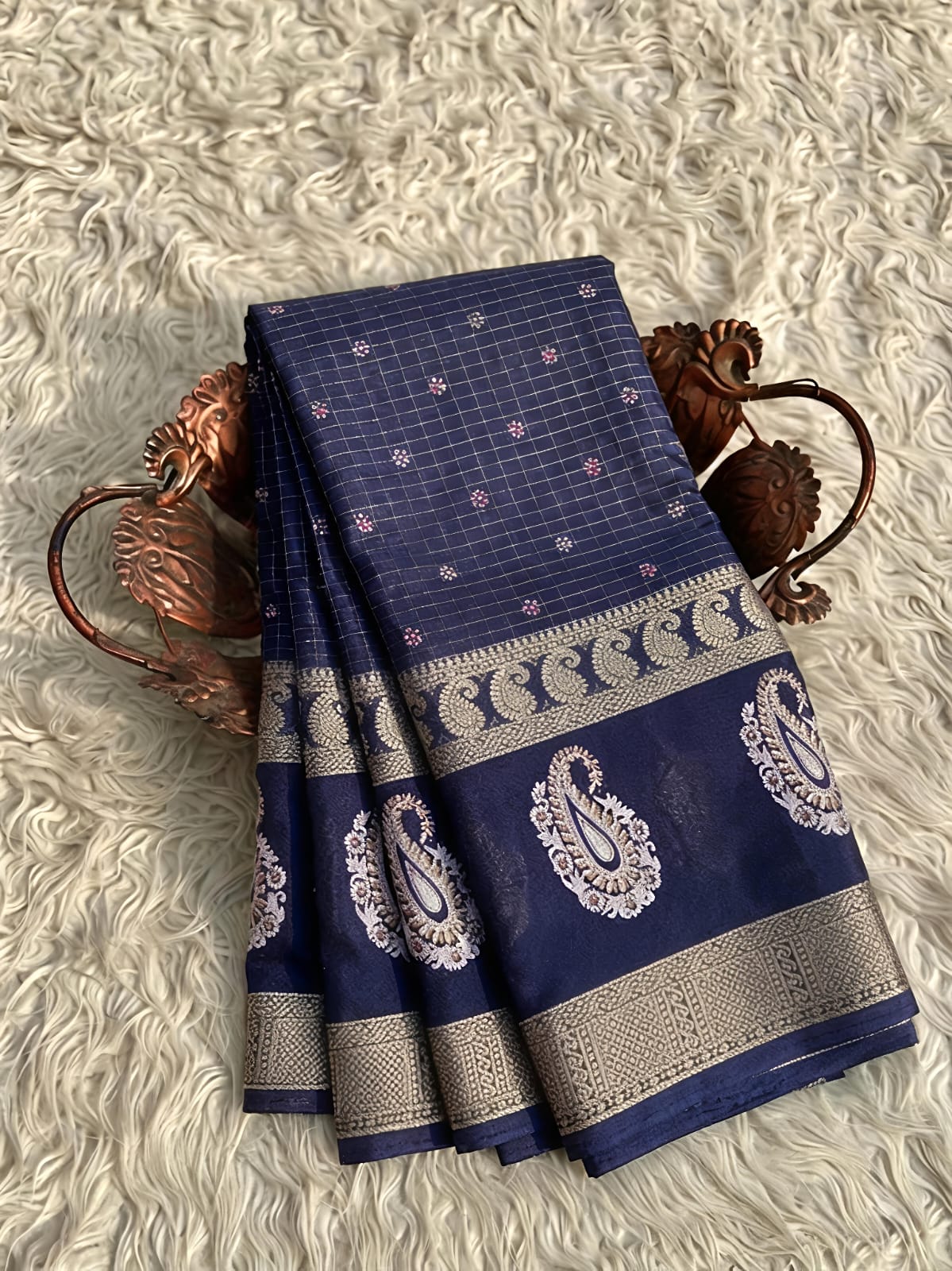 Redolent Navy Blue Viscose Georgette Small Checks Fancy Saree - MC032