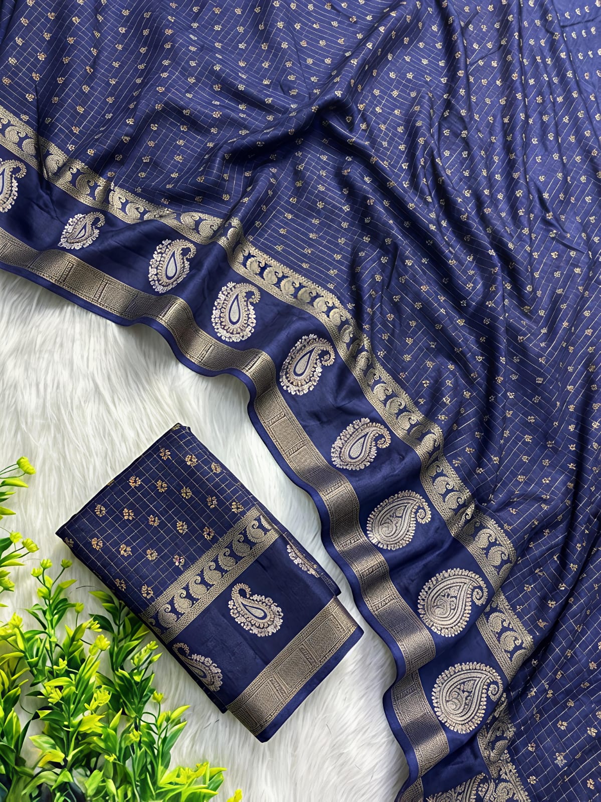 Redolent Navy Blue Viscose Georgette Small Checks Fancy Saree - MC032